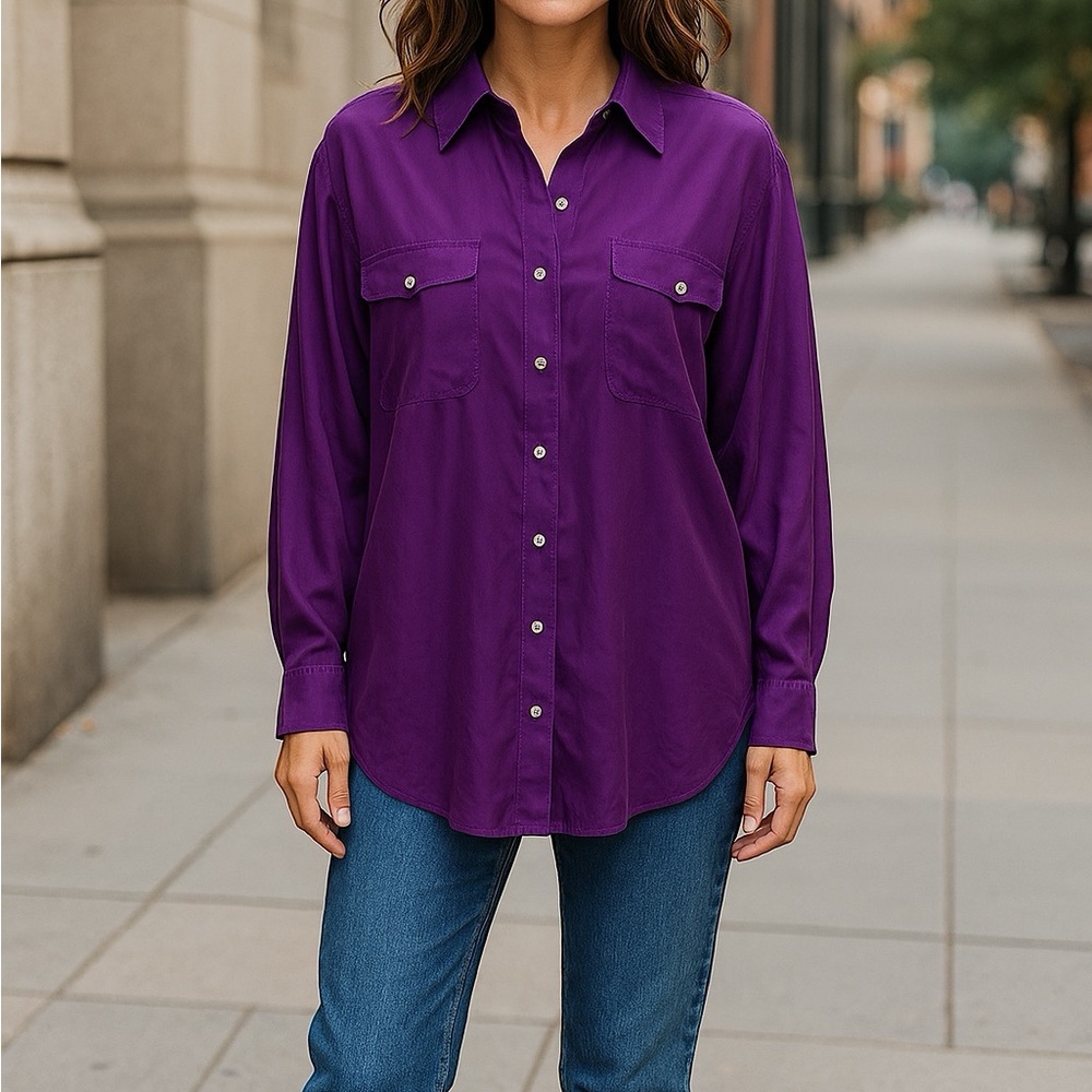 Women's Classic Button-Down Silk Blouse Shirt in Deep‎ Purple Sz. M